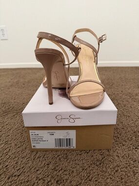 Jessica Simpson Chai Latte Patent Open-Toe Strappy Heels